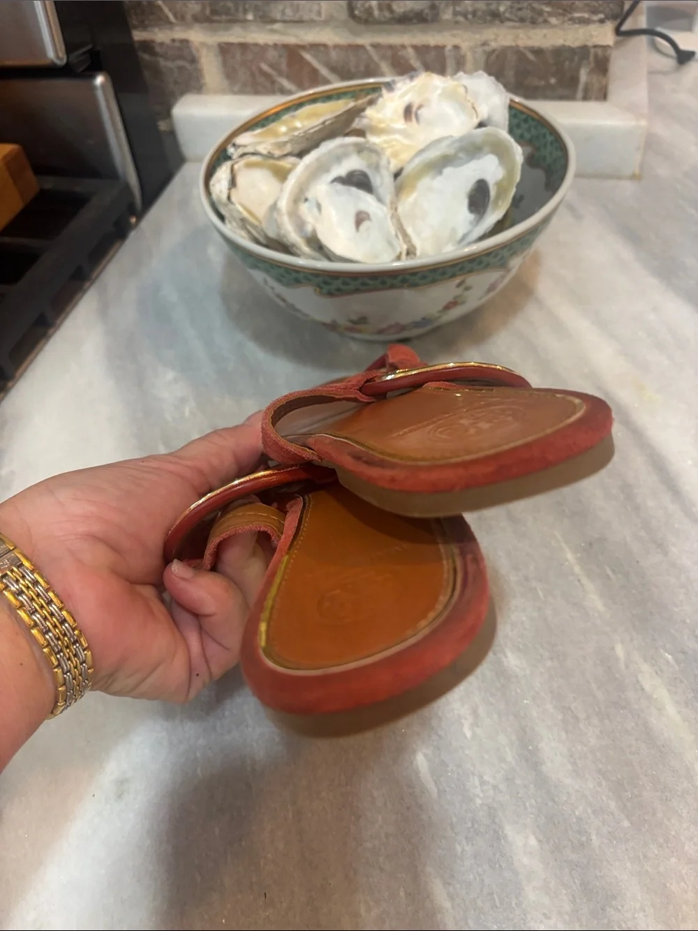 Tory Burch Red Suede Logo Thong Sandals with Gold Medallion